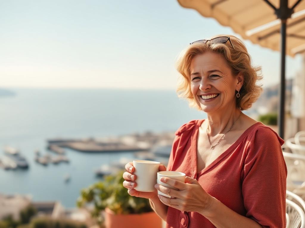 Zufriedene Reisende mit Kaffee auf einer sonnigen Terrasse mit Blick aufs Mittelmeer